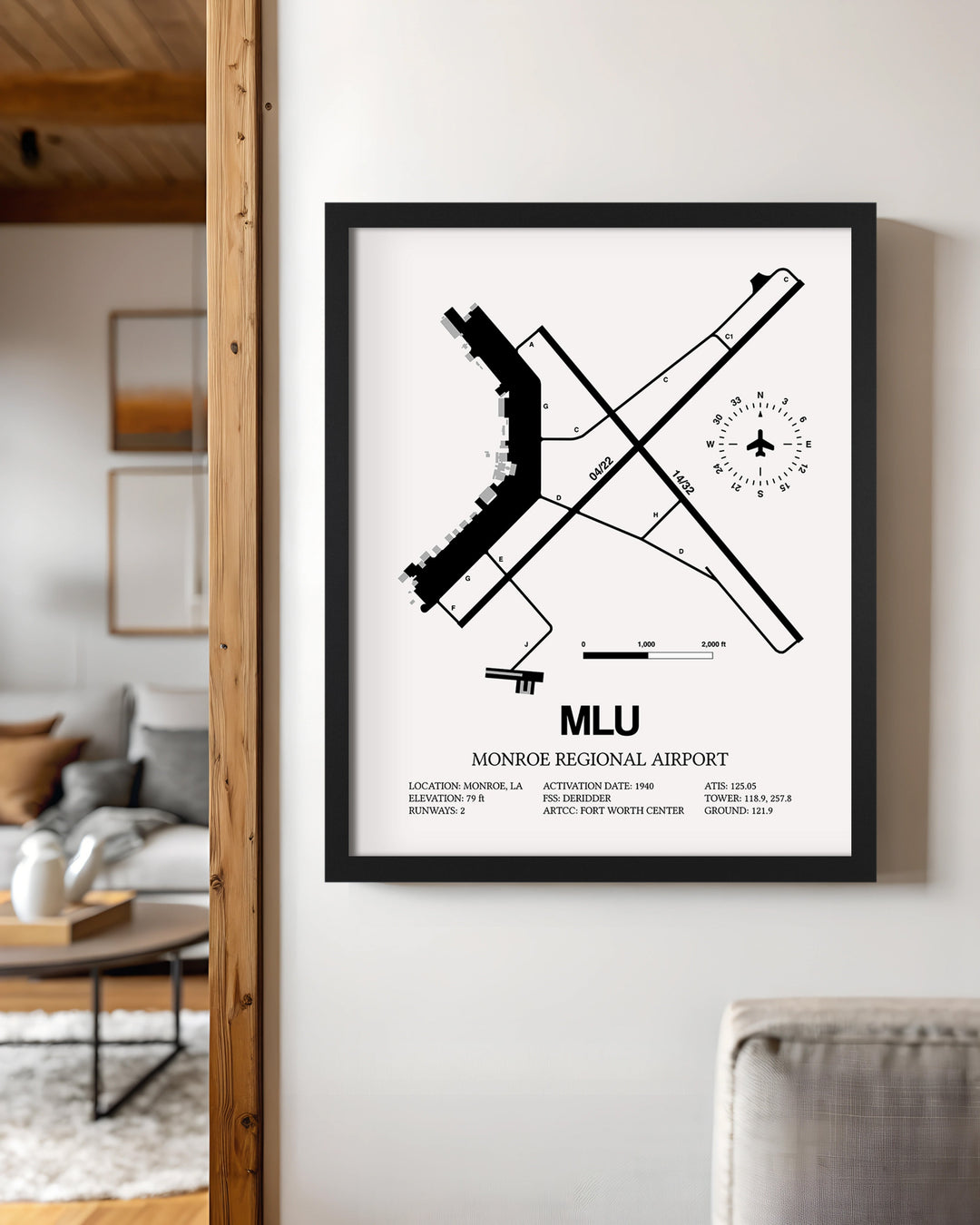 Framed Detailed Airport Map of Monroe Regional Airport (MLU) in White with a Black Frame
