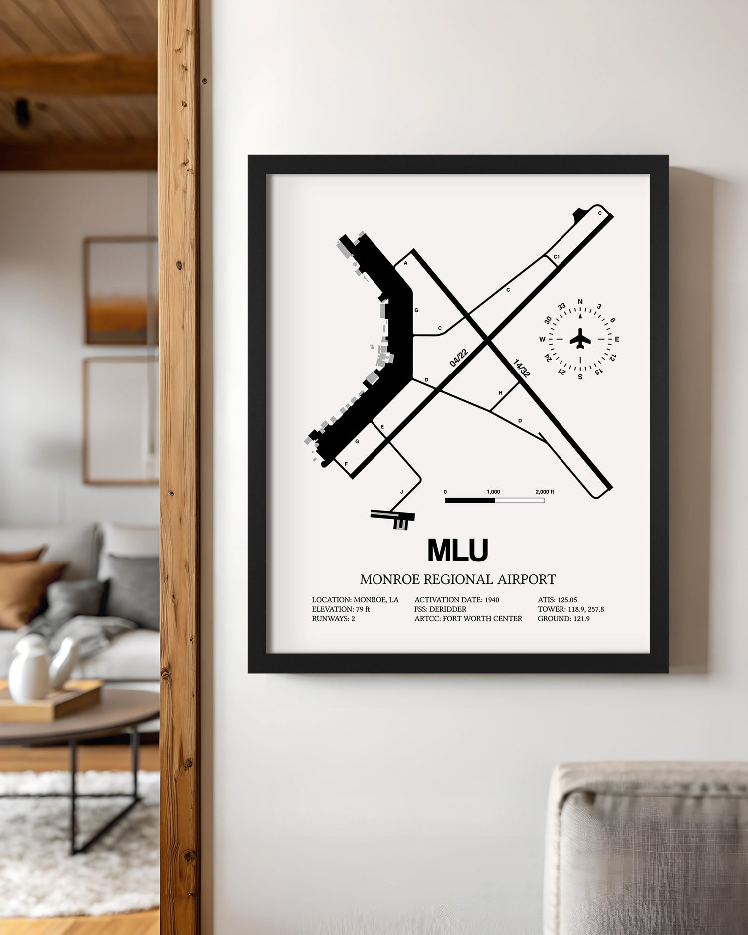 Framed Detailed Airport Map of Monroe Regional Airport (MLU) in White with a Black Frame