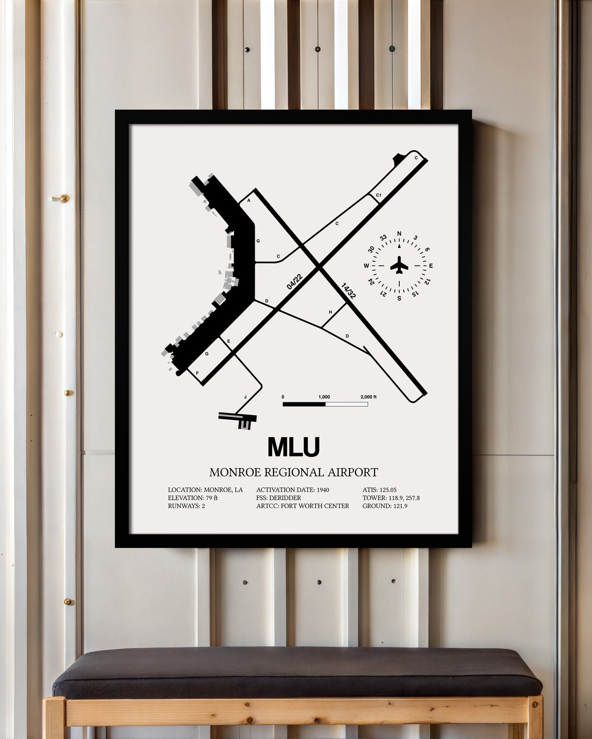 Framed Detailed Airport Map of Monroe Regional Airport (MLU) in White with a Black Frame