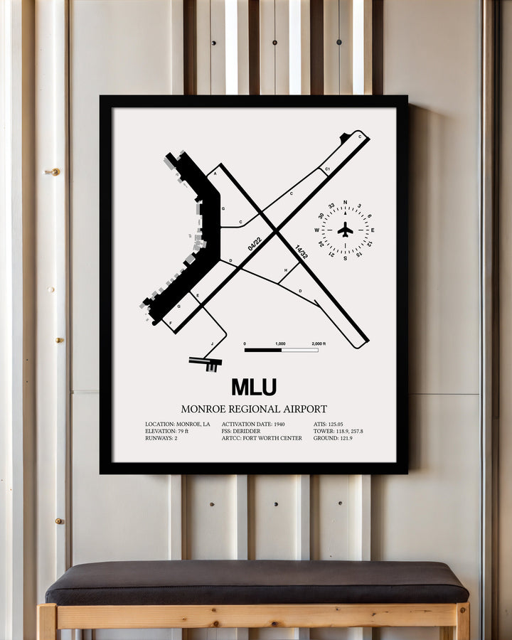 Framed Detailed Airport Map of Monroe Regional Airport (MLU) in White with a Black Frame