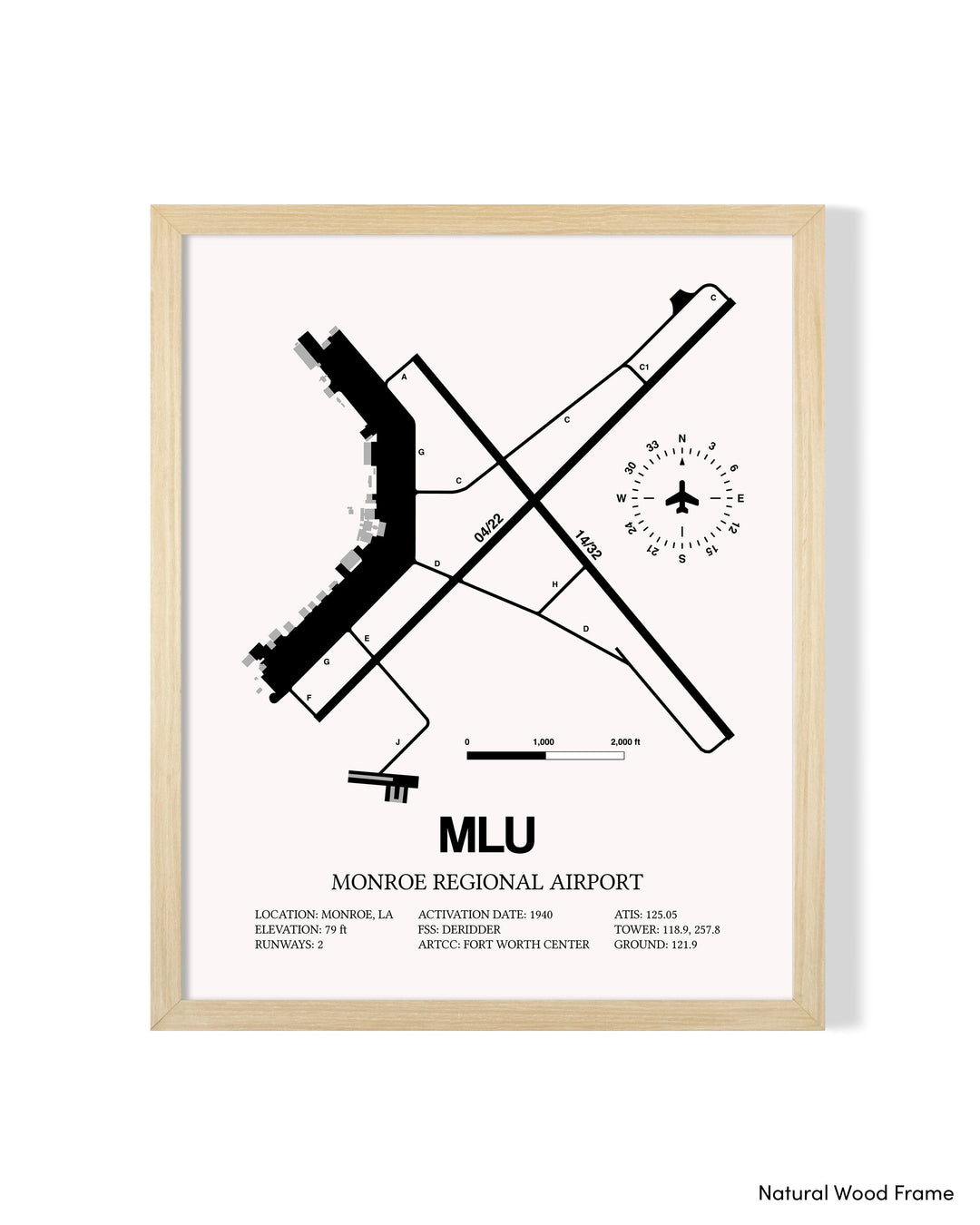 Detailed Airport Map of Monroe Regional Airport (MLU) in White with a Natural Frame