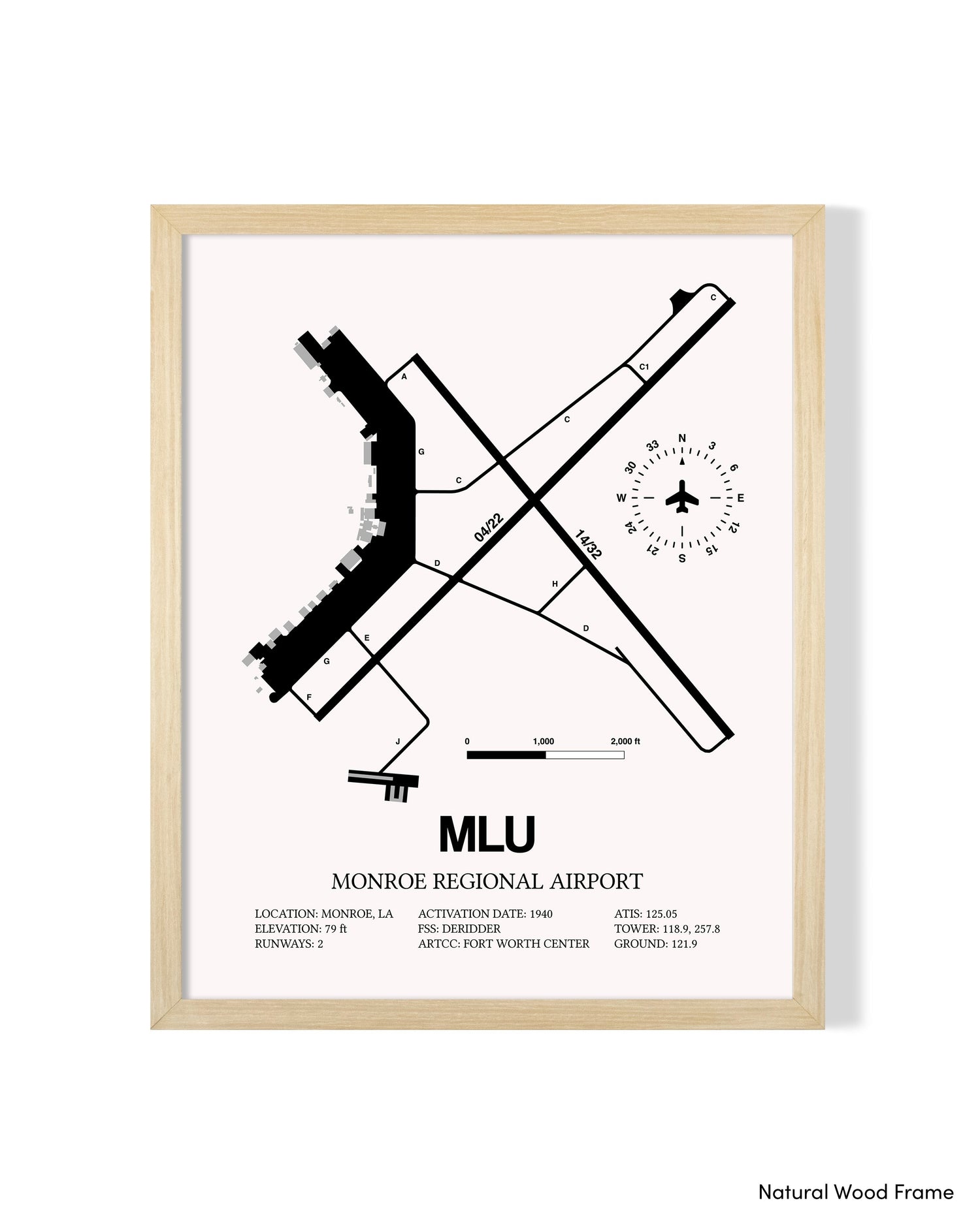 Detailed Airport Map of Monroe Regional Airport (MLU) in White with a Natural Frame