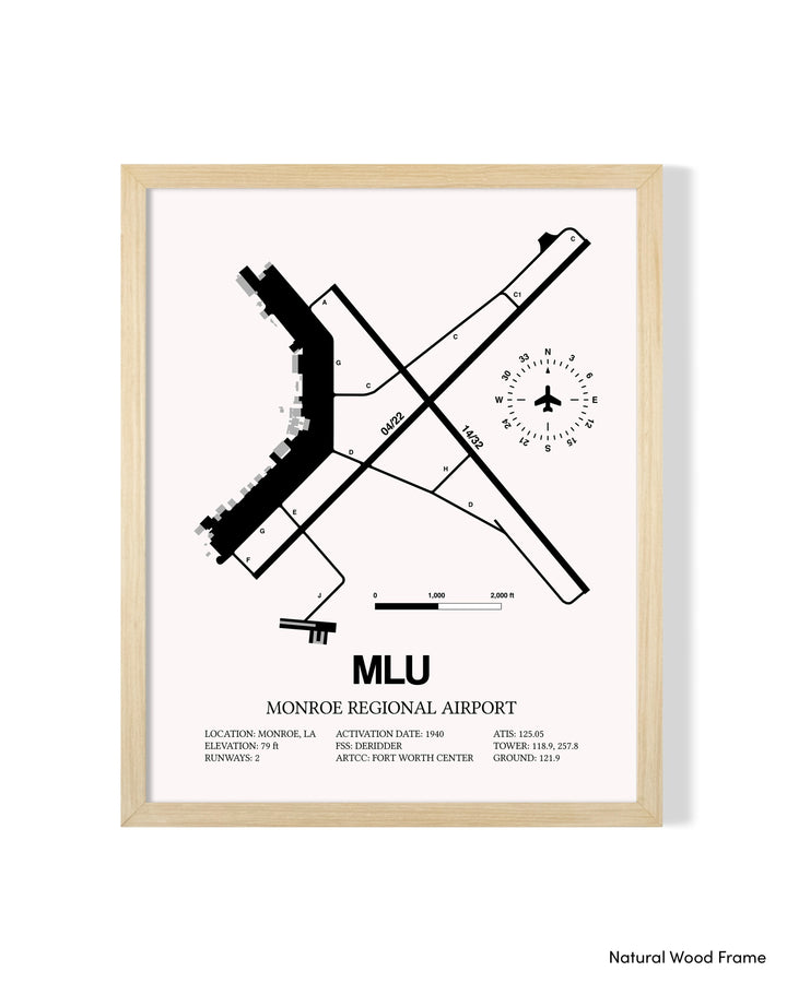 Detailed Airport Map of Monroe Regional Airport (MLU) in White with a Natural Frame