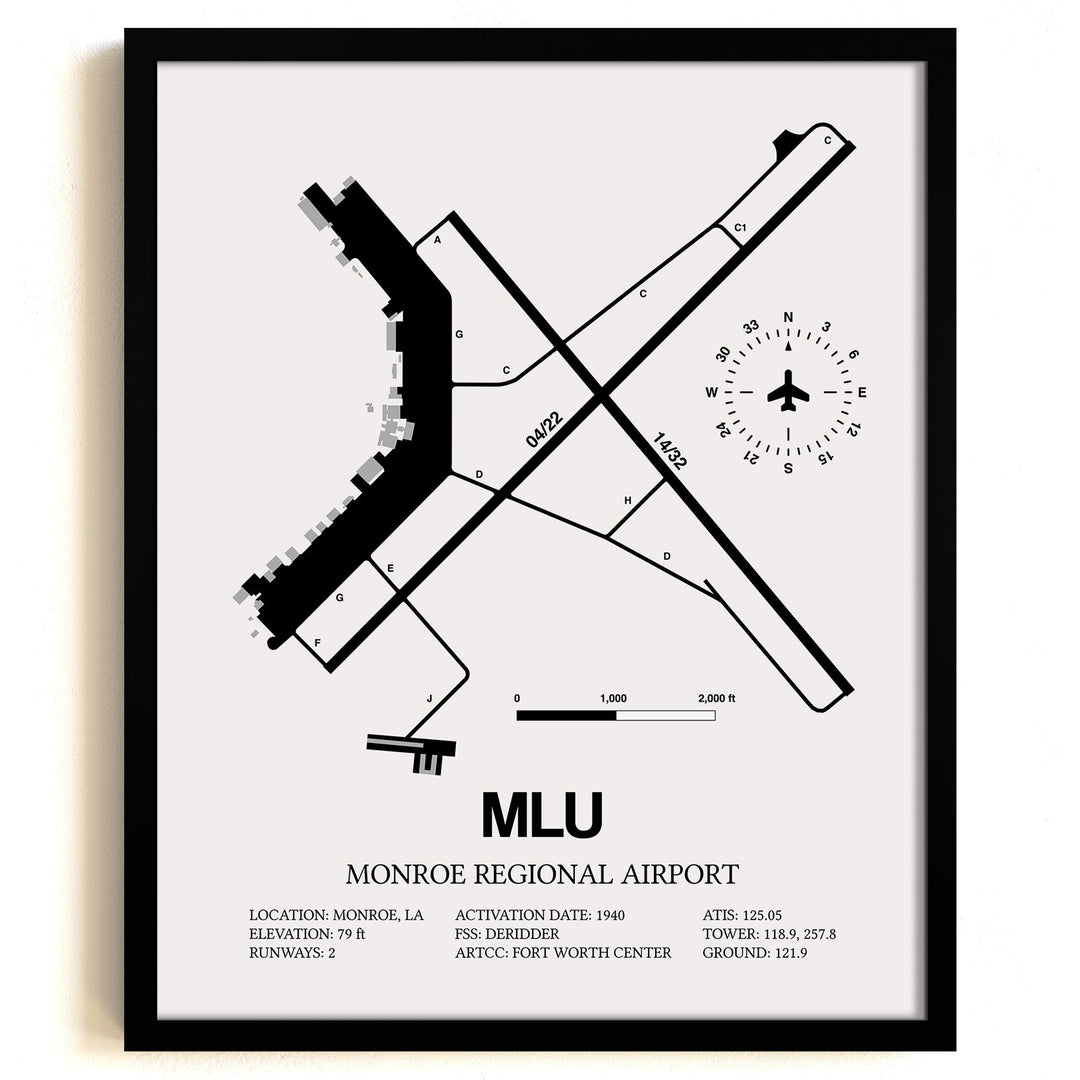 Framed Detailed Airport Map of Monroe Regional Airport (MLU) in White with a Black Frame