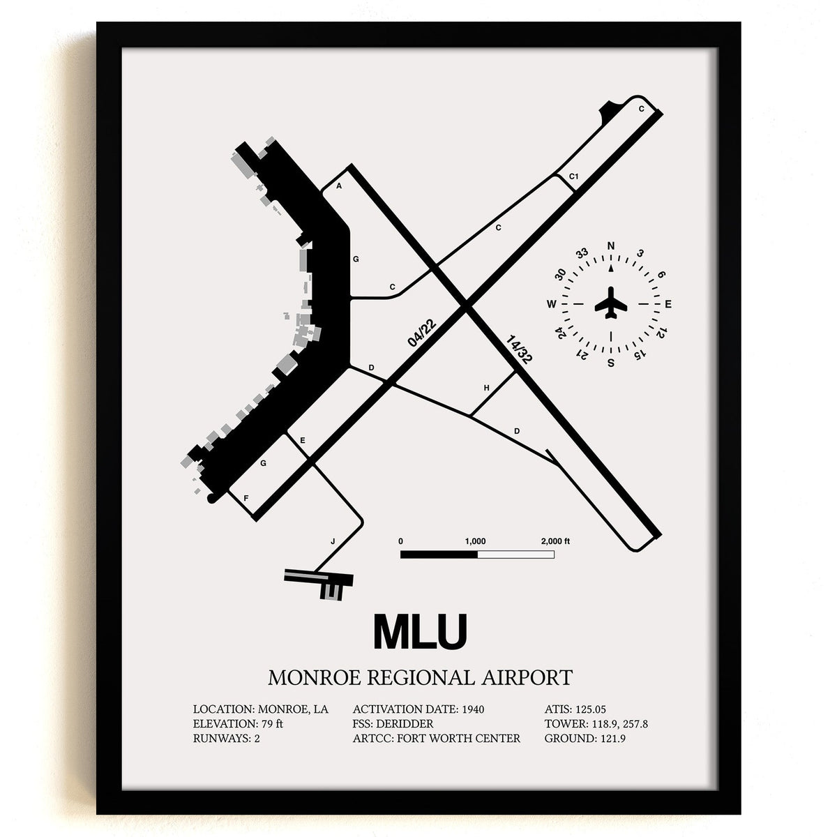 Framed Detailed Airport Map of Monroe Regional Airport (MLU) in White with a Black Frame