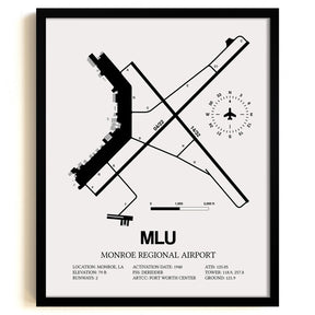 Framed Detailed Airport Map of Monroe Regional Airport (MLU) in White with a Black Frame