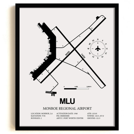 Framed Detailed Airport Map of Monroe Regional Airport (MLU) in White with a Black Frame
