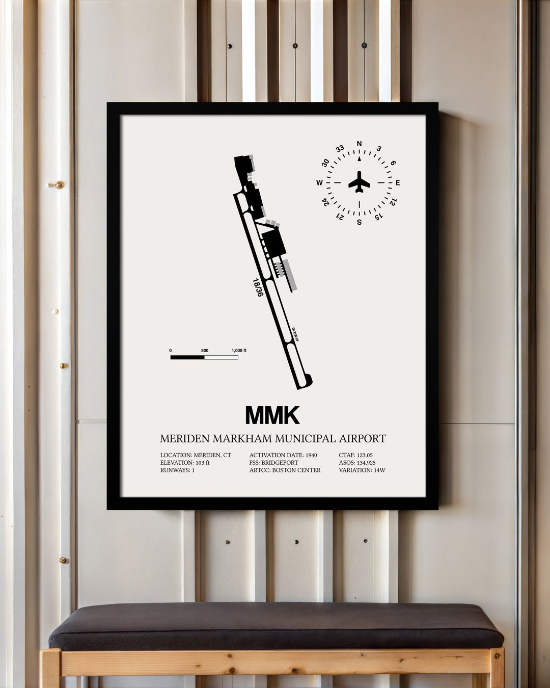 Framed Detailed Airport Map of Meriden Markham Municipal Airport (MMK) in White with a Black Frame