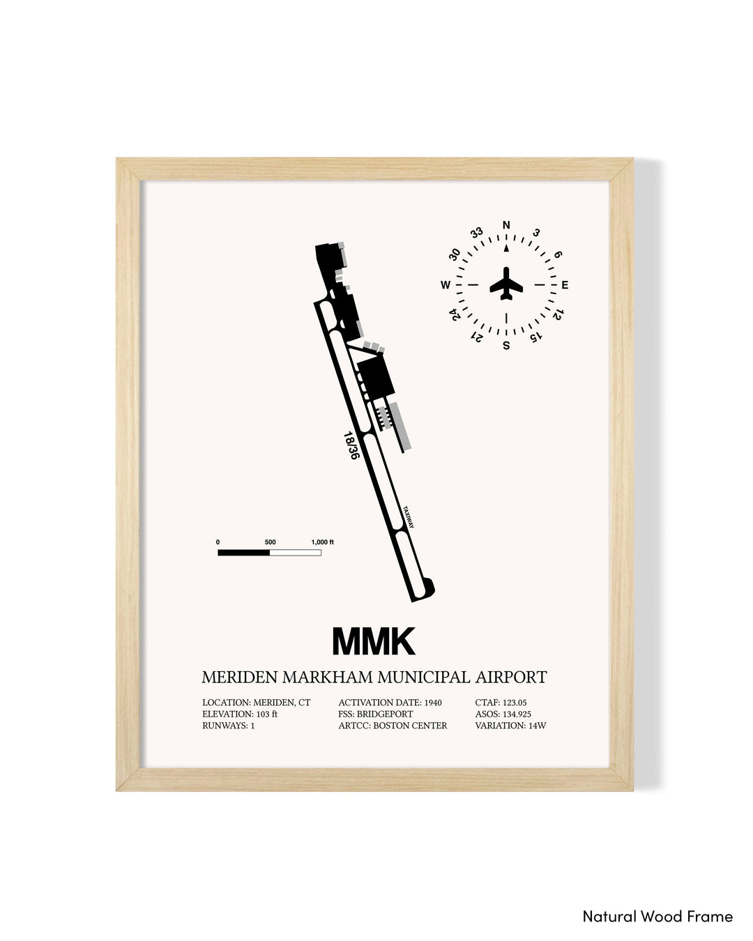 Detailed Airport Map of Meriden Markham Municipal Airport (MMK) in White with a Natural Frame