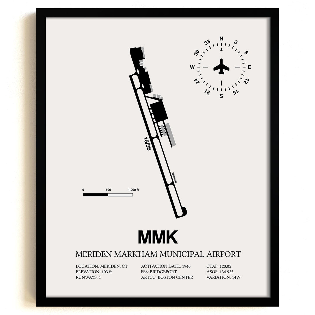 Framed Detailed Airport Map of Meriden Markham Municipal Airport (MMK) in White with a Black Frame
