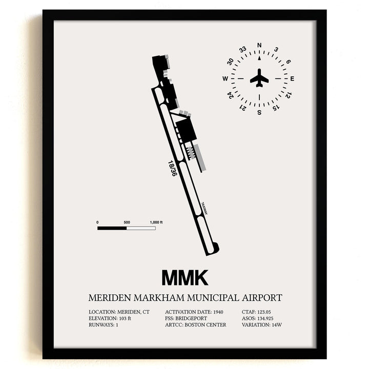 Framed Detailed Airport Map of Meriden Markham Municipal Airport (MMK) in White with a Black Frame