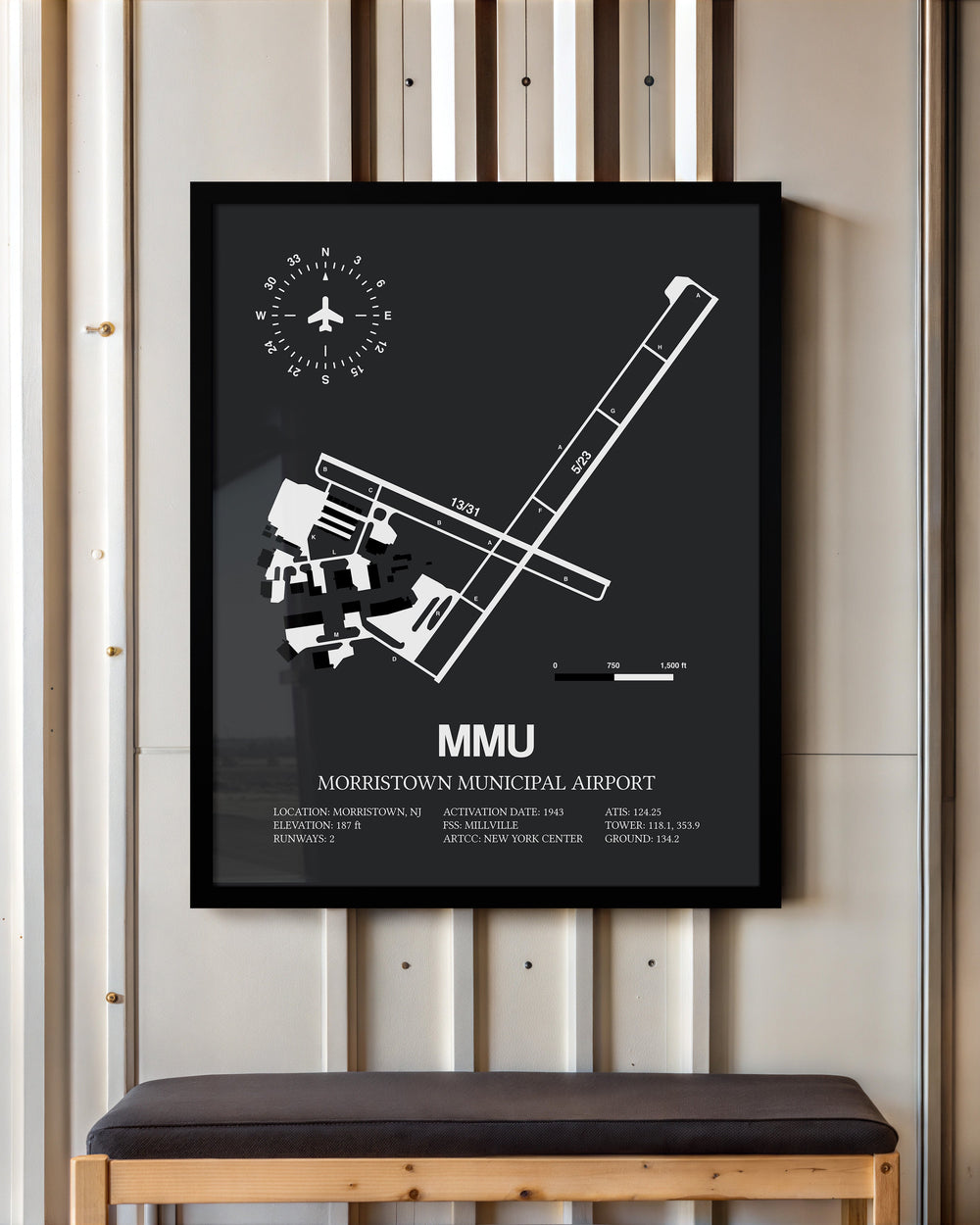 Framed Detailed Airport Map of Morristown Municipal Airport (MMU) in Gray with a Black Frame