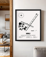 Framed Detailed Airport Map of Morristown Municipal Airport (MMU) in White with a Black Frame