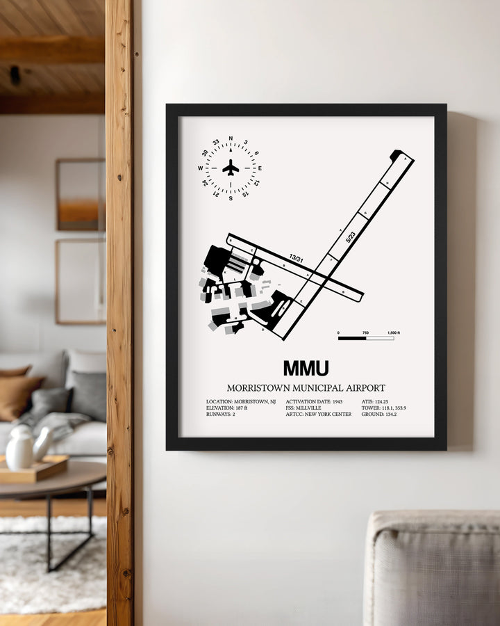 Framed Detailed Airport Map of Morristown Municipal Airport (MMU) in White with a Black Frame