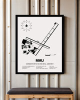 Framed Detailed Airport Map of Morristown Municipal Airport (MMU) in White with a Black Frame