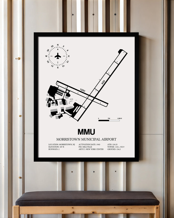 Framed Detailed Airport Map of Morristown Municipal Airport (MMU) in White with a Black Frame