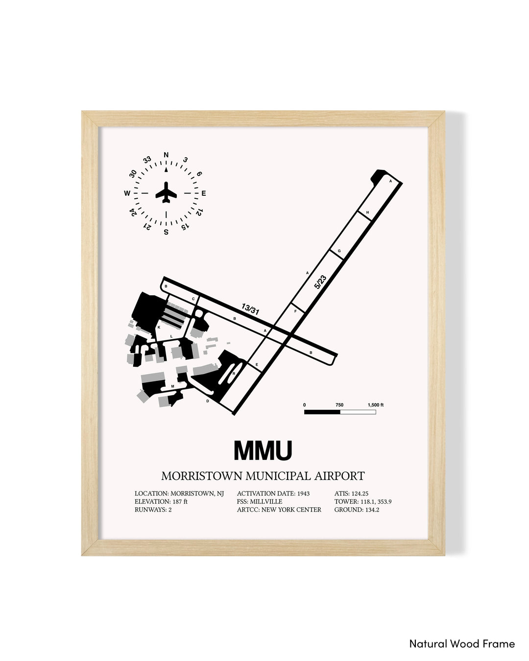 Detailed Airport Map of Morristown Municipal Airport (MMU) in White with a Natural Frame