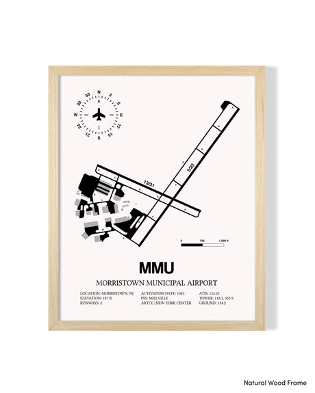 Detailed Airport Map of Morristown Municipal Airport (MMU) in White with a Natural Frame