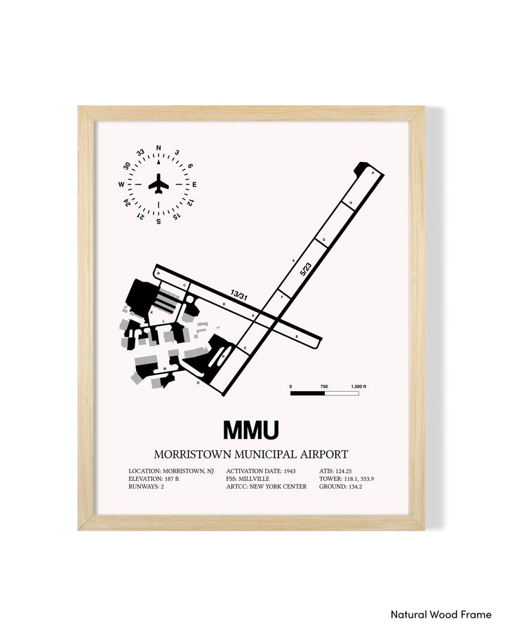 Detailed Airport Map of Morristown Municipal Airport (MMU) in White with a Natural Frame