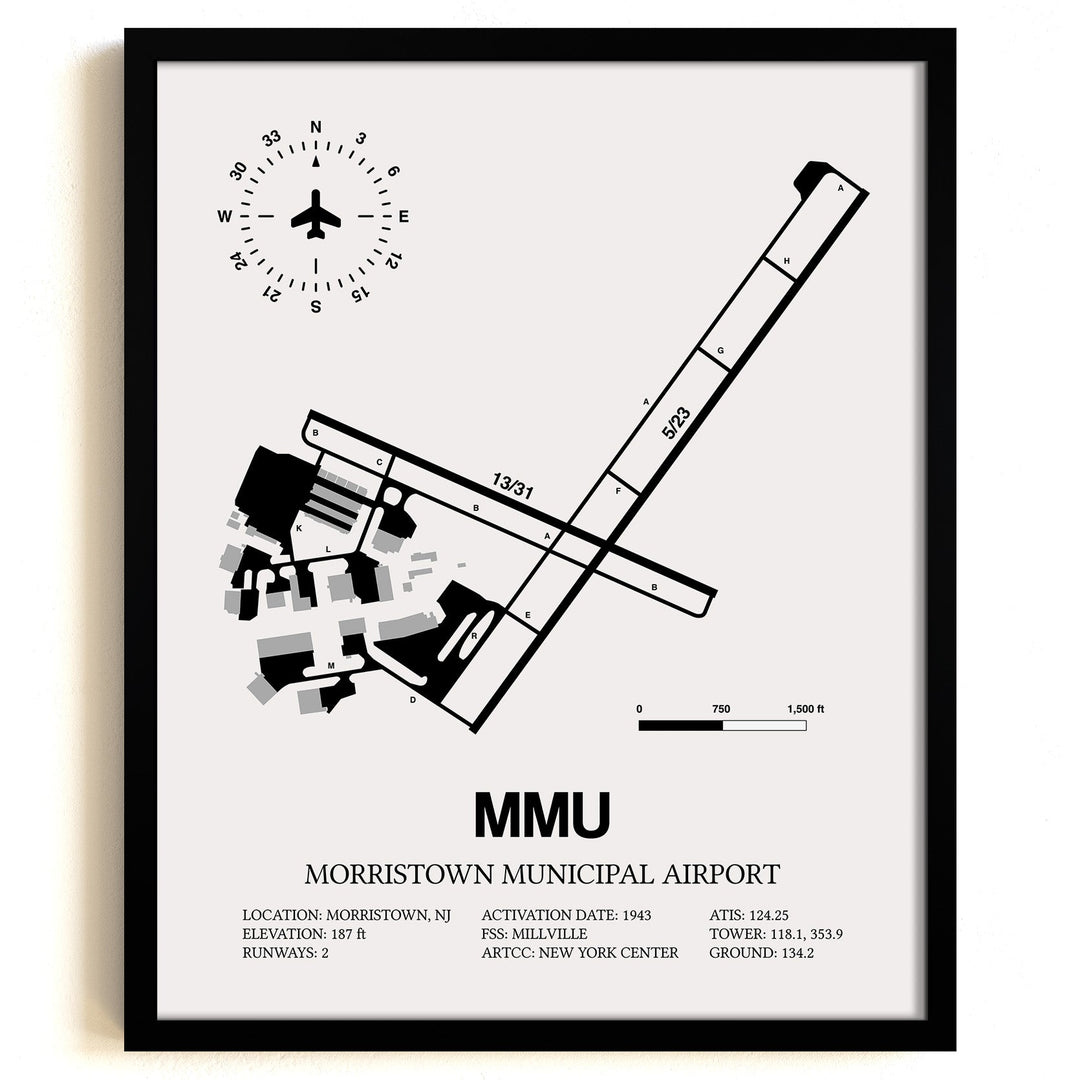 Framed Detailed Airport Map of Morristown Municipal Airport (MMU) in White with a Black Frame