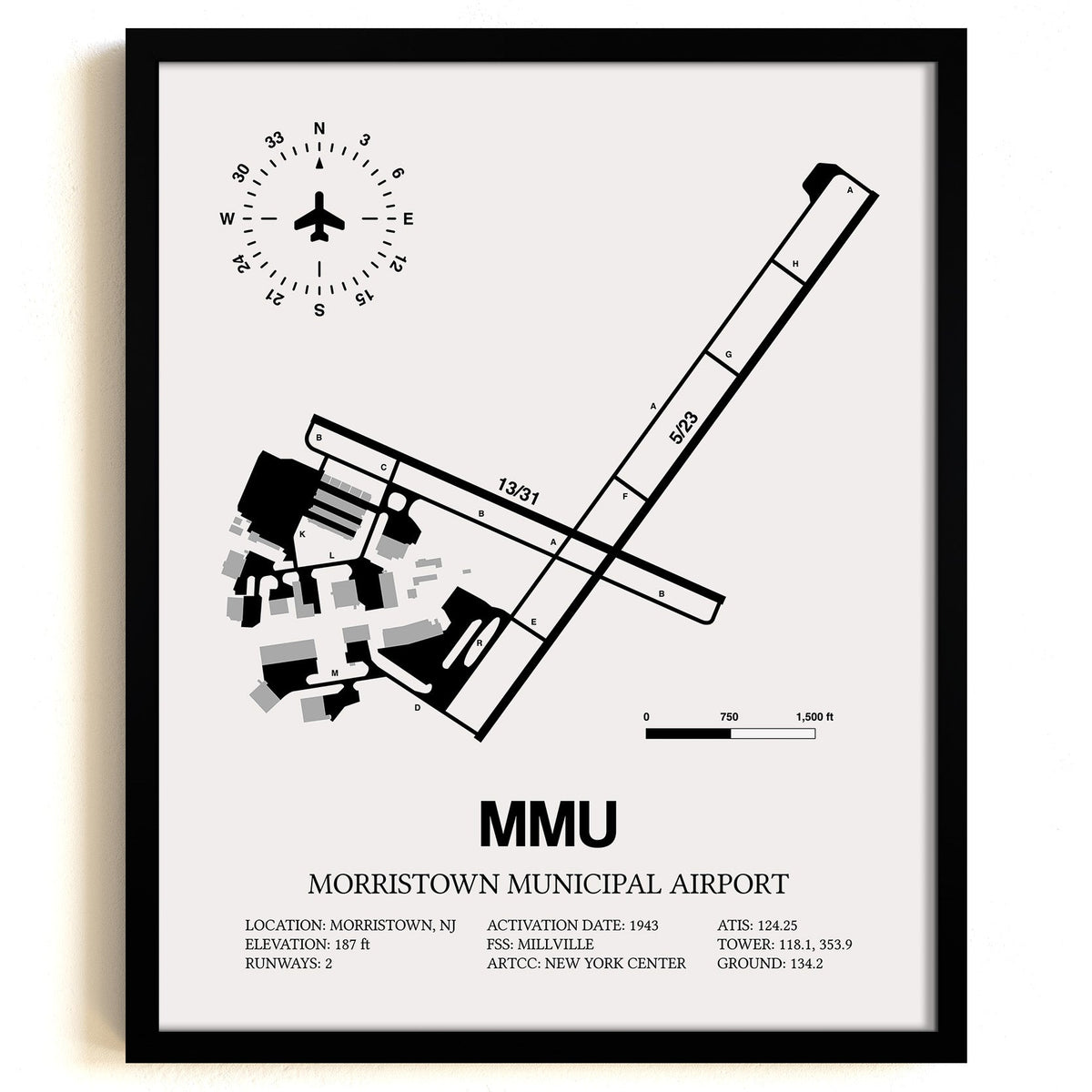 Framed Detailed Airport Map of Morristown Municipal Airport (MMU) in White with a Black Frame