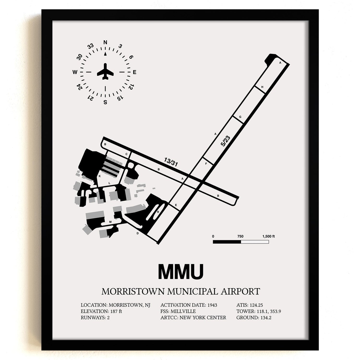 Framed Detailed Airport Map of Morristown Municipal Airport (MMU) in White with a Black Frame
