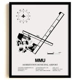 Framed Detailed Airport Map of Morristown Municipal Airport (MMU) in White with a Black Frame