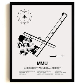 Framed Detailed Airport Map of Morristown Municipal Airport (MMU) in White with a Black Frame