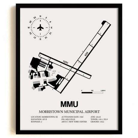 Framed Detailed Airport Map of Morristown Municipal Airport (MMU) in White with a Black Frame