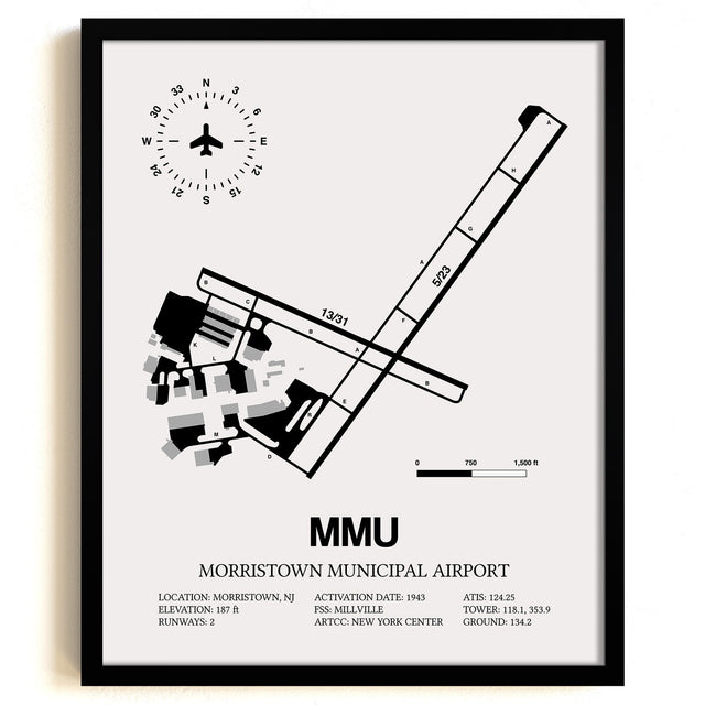 Framed Detailed Airport Map of Morristown Municipal Airport (MMU) in White with a Black Frame