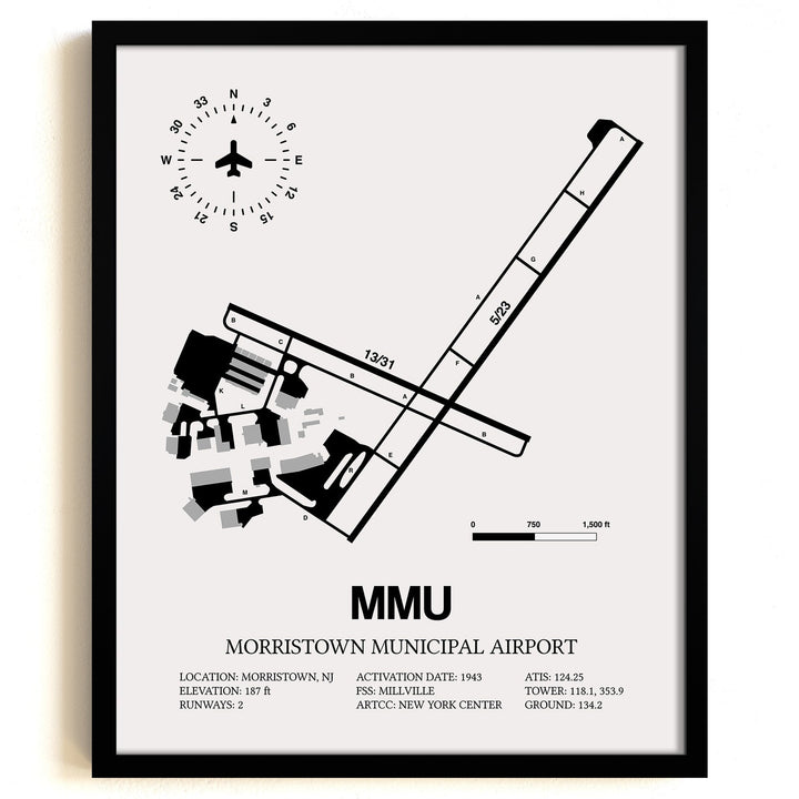 Framed Detailed Airport Map of Morristown Municipal Airport (MMU) in White with a Black Frame