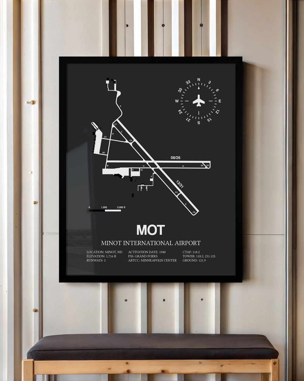 Framed Detailed Airport Map of Minot International Airport (MOT) in Gray with a Black Frame