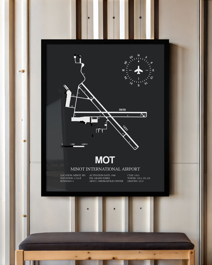 Framed Detailed Airport Map of Minot International Airport (MOT) in Gray with a Black Frame