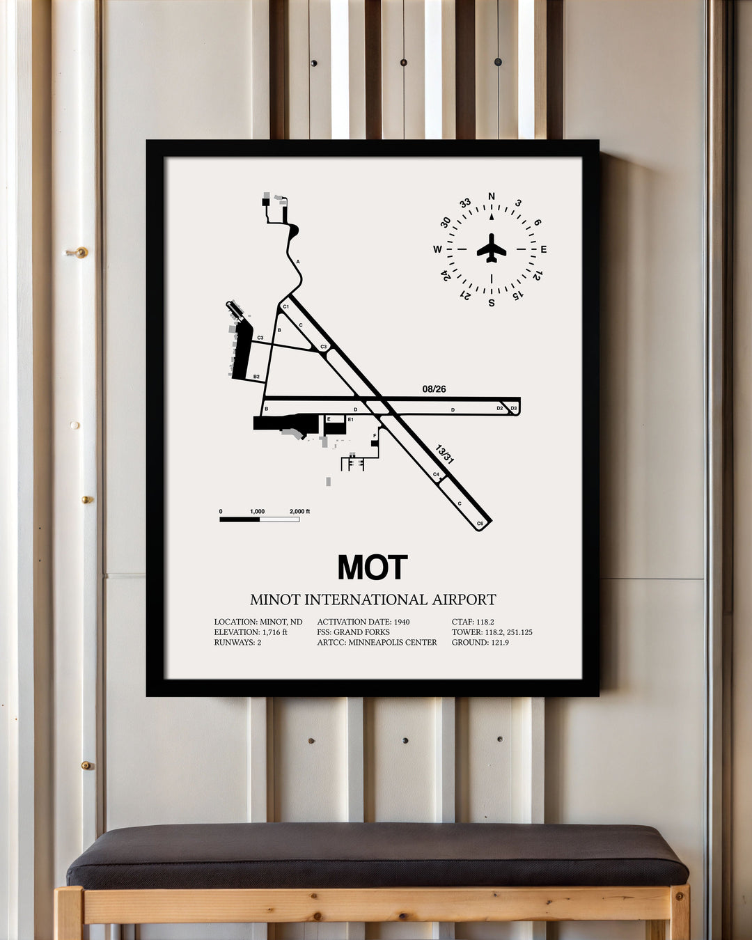 Framed Detailed Airport Map of Minot International Airport (MOT) in White with a Black Frame