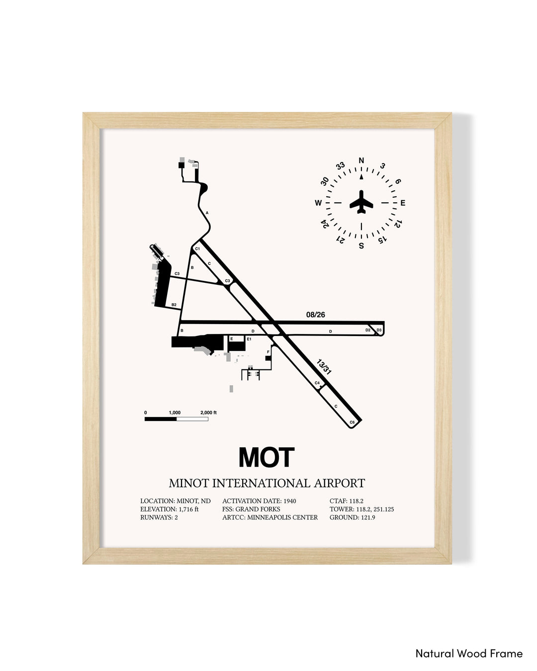 Detailed Airport Map of Minot International Airport (MOT) in White with a Natural Frame