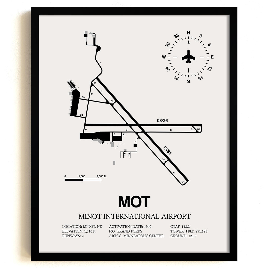 Framed Detailed Airport Map of Minot International Airport (MOT) in White with a Black Frame