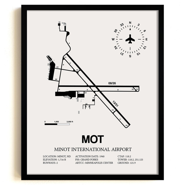 Framed Detailed Airport Map of Minot International Airport (MOT) in White with a Black Frame