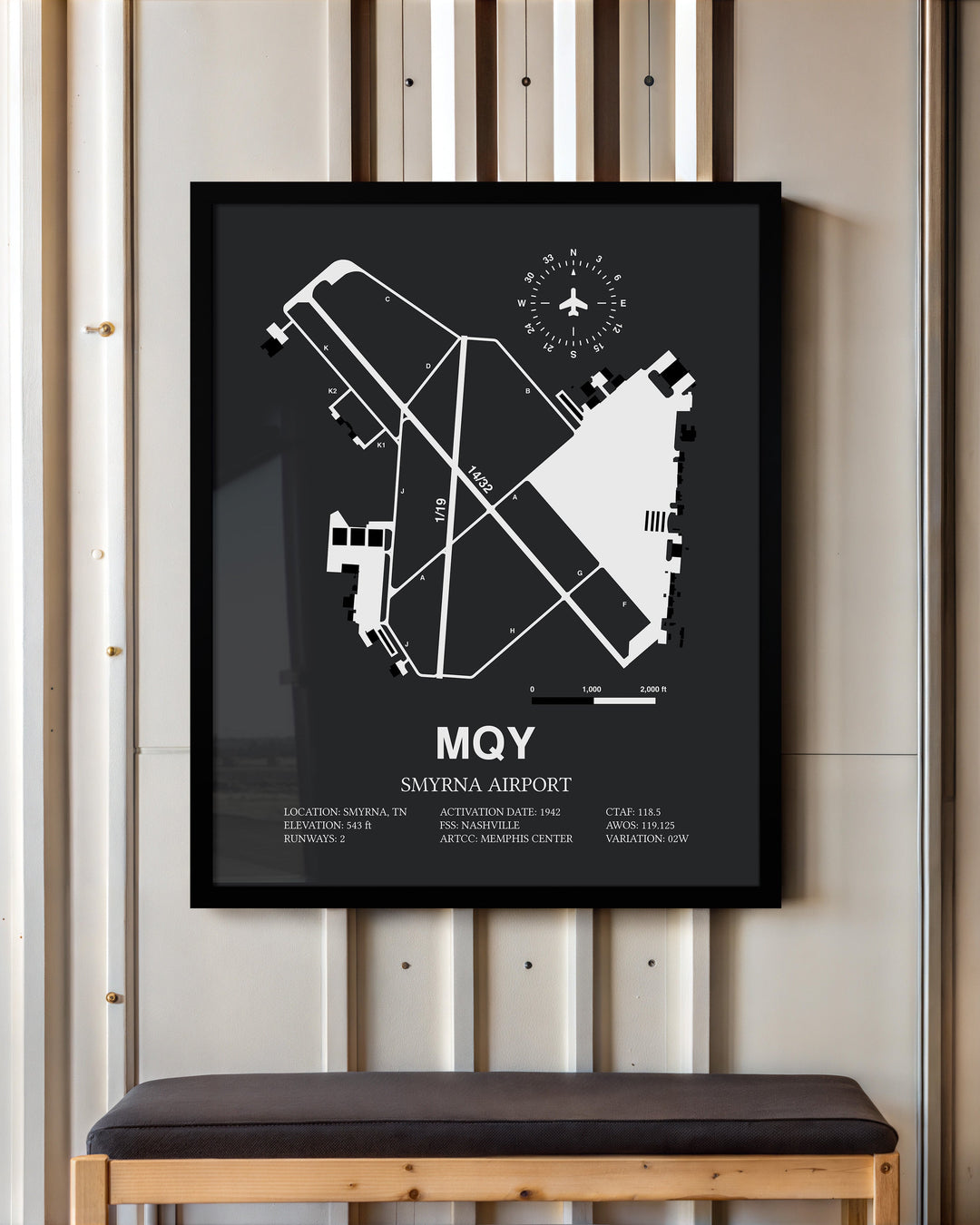Framed Detailed Airport Map of Smyrna Airport (MQY) in Gray with a Black Frame