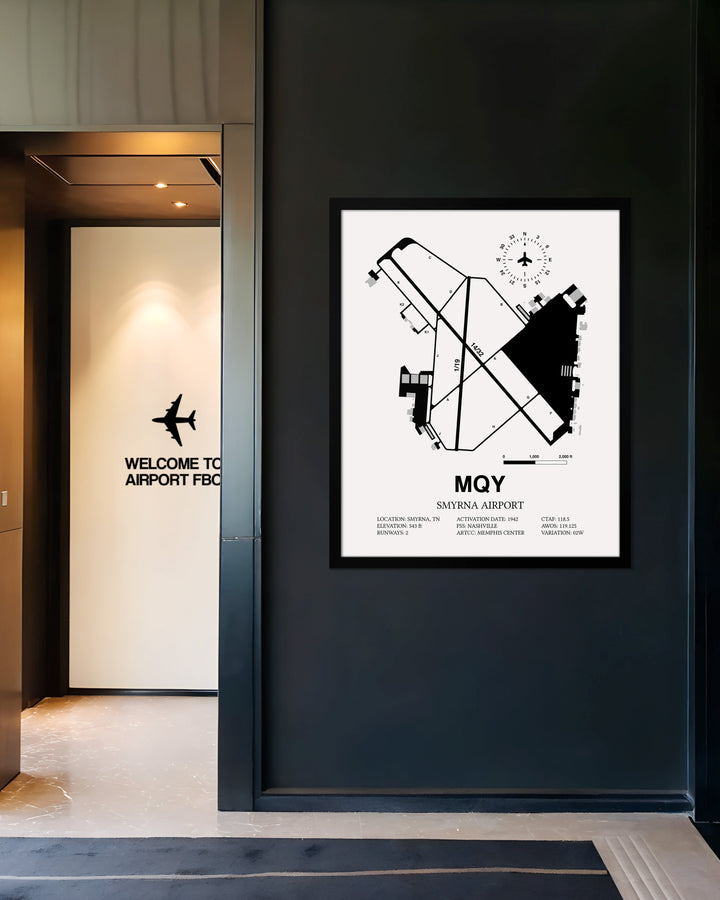 Framed Detailed Airport Map of Smyrna Airport (MQY) in White with a Black Frame