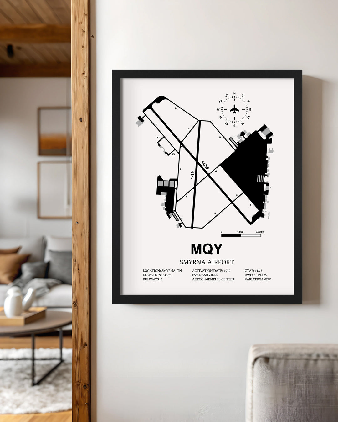 Framed Detailed Airport Map of Smyrna Airport (MQY) in White with a Black Frame