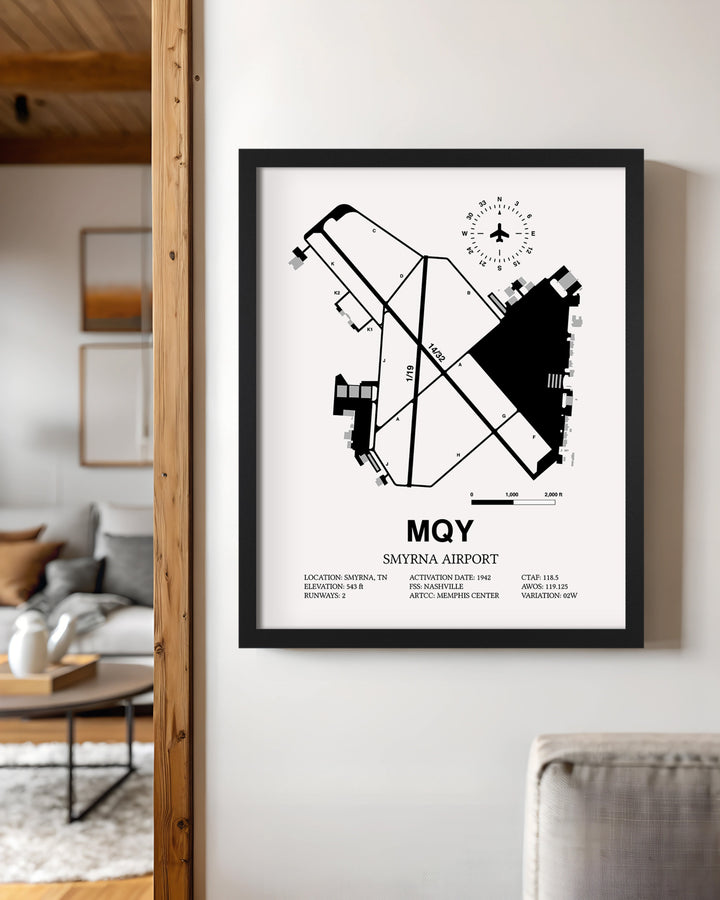 Framed Detailed Airport Map of Smyrna Airport (MQY) in White with a Black Frame