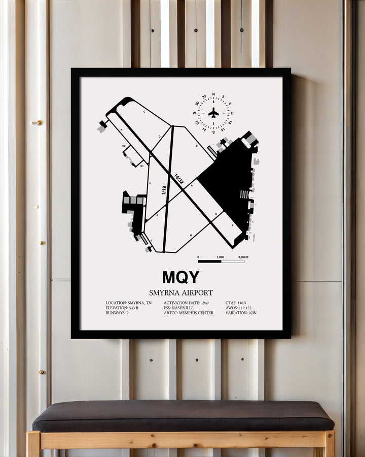 Framed Detailed Airport Map of Smyrna Airport (MQY) in White with a Black Frame