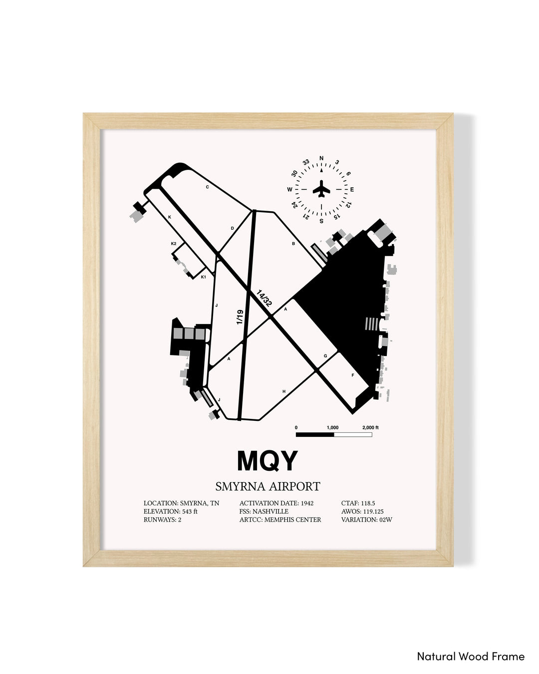 Detailed Airport Map of Smyrna Airport (MQY) in White with a Natural Frame