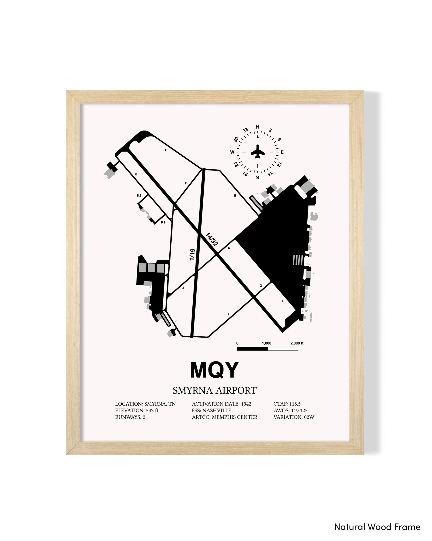 Detailed Airport Map of Smyrna Airport (MQY) in White with a Natural Frame