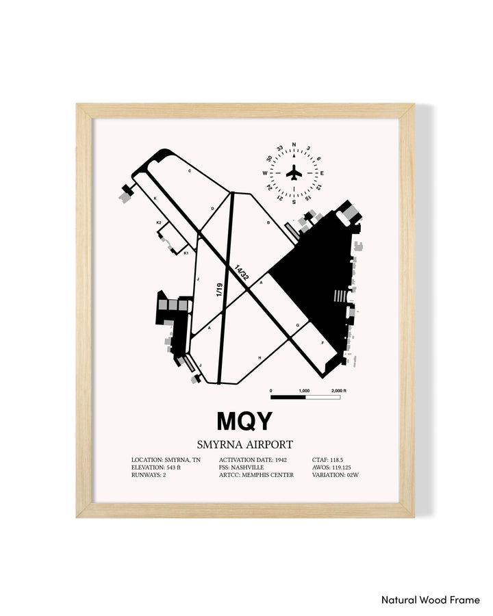 Detailed Airport Map of Smyrna Airport (MQY) in White with a Natural Frame