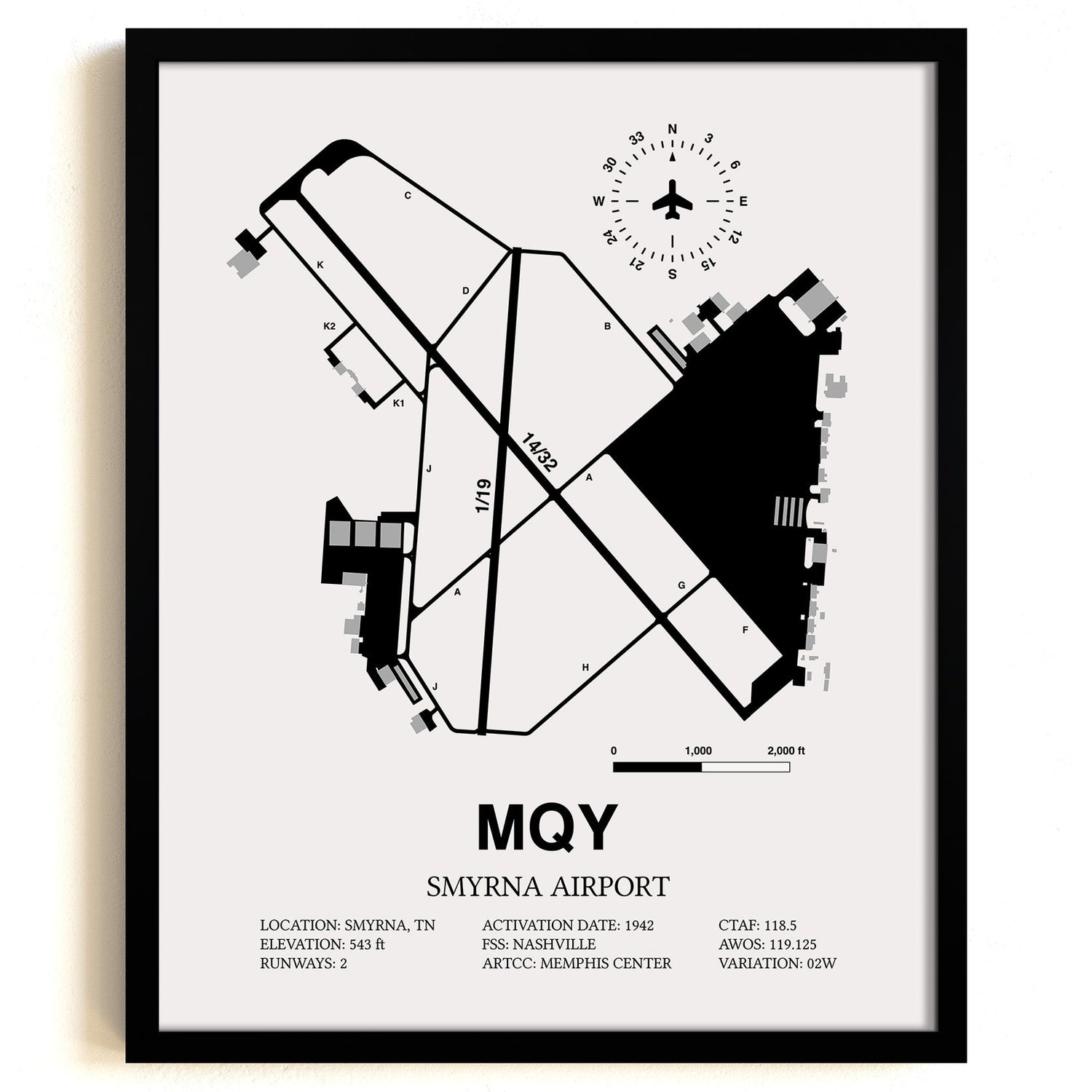 Framed Detailed Airport Map of Smyrna Airport (MQY) in White with a Black Frame