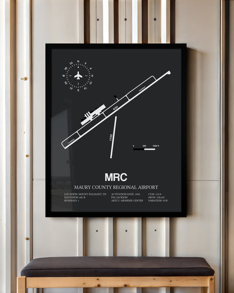 Framed Detailed Airport Map of Maury County Regional Airport (MRC) in Gray with a Black Frame