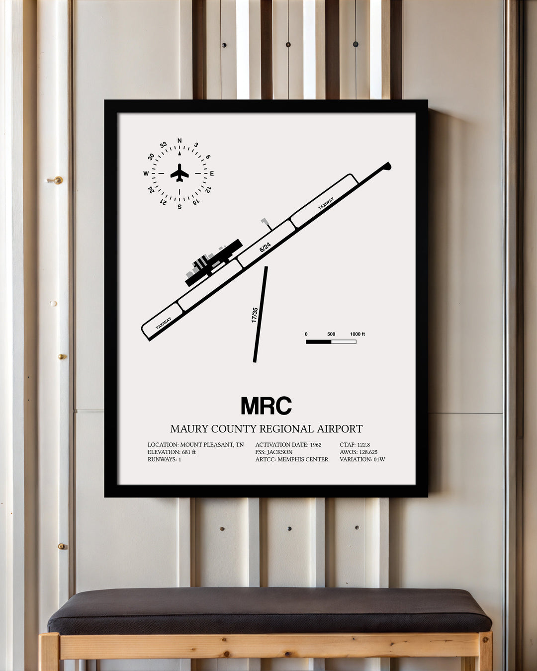 Framed Detailed Airport Map of Maury County Regional Airport (MRC) in White with a Black Frame