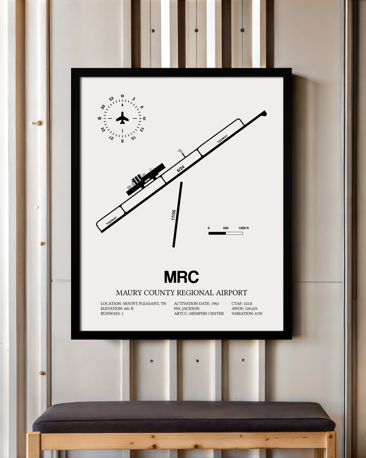 Framed Detailed Airport Map of Maury County Regional Airport (MRC) in White with a Black Frame