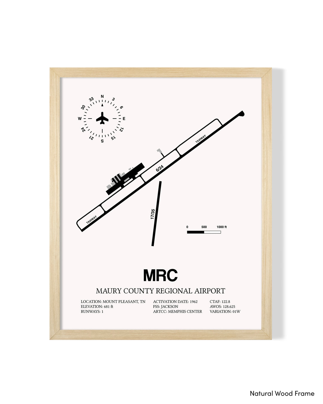 Detailed Airport Map of Maury County Regional Airport (MRC) in White with a Natural Frame
